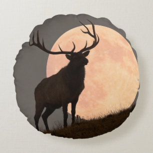Majestic Bull Elk and Full Moon Rise Round Pillow