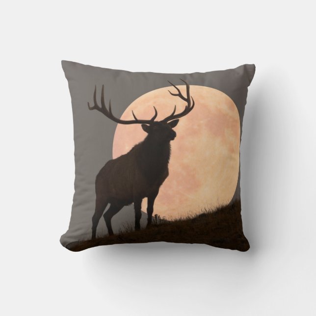 Majestic Bull Elk and Full Moon Rise Throw Pillow (Front)