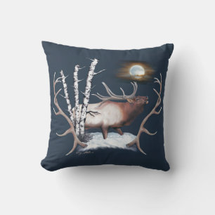Majestic Bull Elk Bugling In The Moonlight Throw Pillow