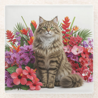 Majestic Cat Tropical Glass Coaster Design.