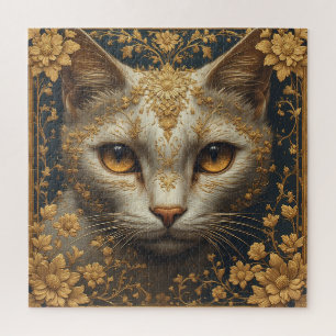 Majestic Cat with Ornate Floral Golden Details Jigsaw Puzzle