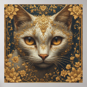 Majestic Cat with Ornate Floral Golden Details Poster