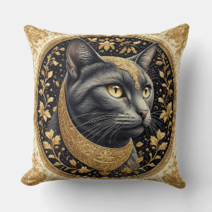 Majestic Cat with Ornate Floral Golden Details Throw Pillow
