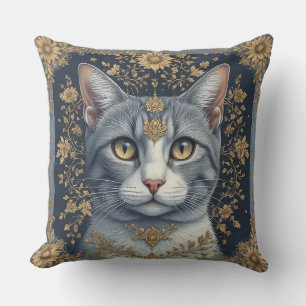 Majestic Cat with Ornate Floral Golden Details Throw Pillow