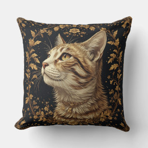 Majestic Cat with Ornate Floral Golden Details Throw Pillow