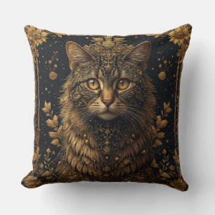 Majestic Cat with Ornate Floral Golden Details Throw Pillow