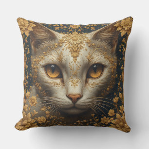 Majestic Cat with Ornate Floral Golden Details Throw Pillow