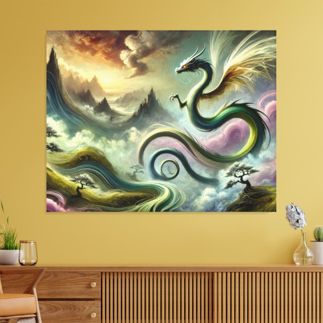 Majestic Celestial Dragon Over Fantasy Mountains Canvas Print (Insitu(LivingRoom))