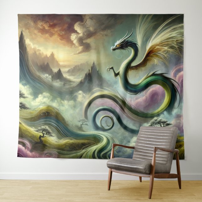 Majestic Celestial Dragon Over Fantasy Mountains Tapestry (In Situ (Horizontal))