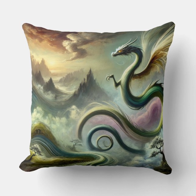 Majestic Celestial Dragon Over Fantasy Mountains Throw Pillow (Front)