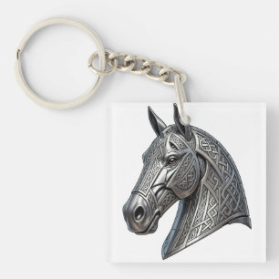 Majestic Celtic Silver Horse Head with Knot Patter Keychain