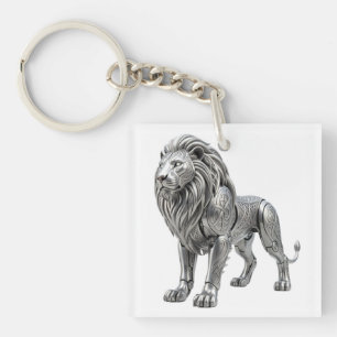 Majestic Celtic Silver Lion with Intricate Knot Pa Keychain