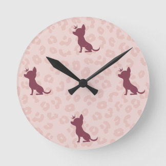 Majestic Chihuahua on Pink Leopard Print Round Clock