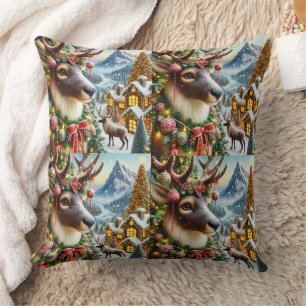 Majestic Christmas Reindeer Throw Pillow Design.