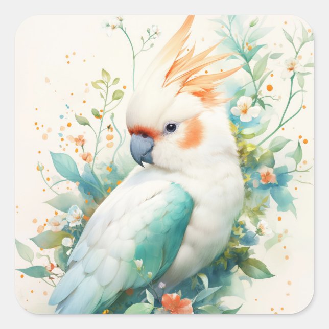 Majestic Cockatoo in a Floral Embrace Square Sticker (Front)