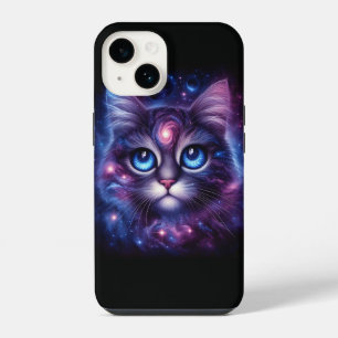 Majestic Cosmic Galaxy Cat Portrait - Intense Blue iPhone 14 Case