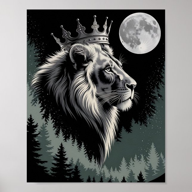 Majestic Crowned Lion Moon Forest Poster (Front)