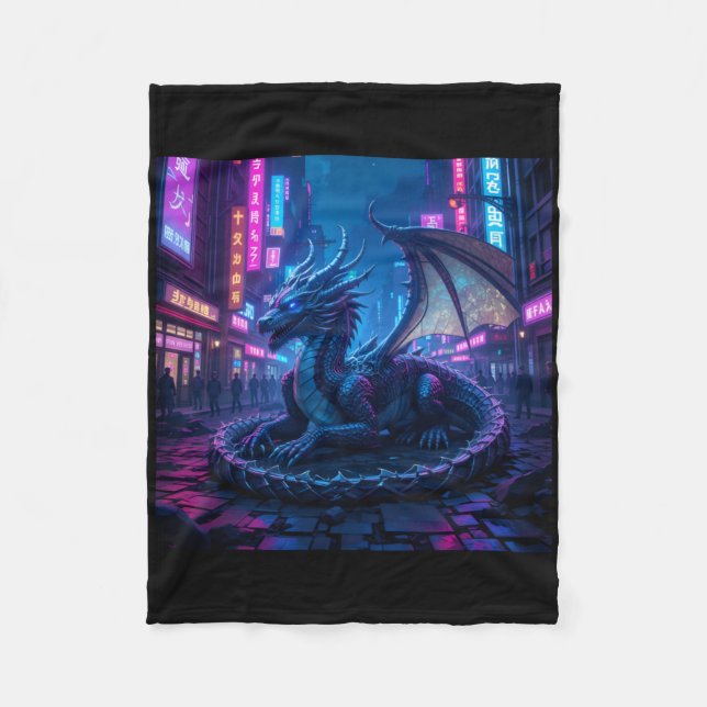 Majestic Cyberpunk Dragon Resting In Neon City Sti Fleece Blanket (Front)