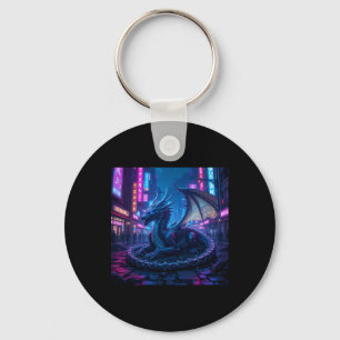 Majestic Cyberpunk Dragon Resting In Neon City Sti Keychain