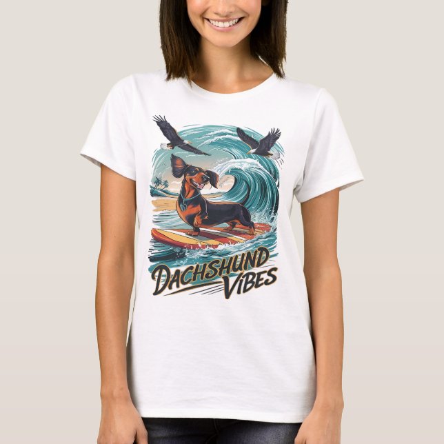 Majestic Dachshund Dog Catching a Wave Surfing T-Shirt (Front)