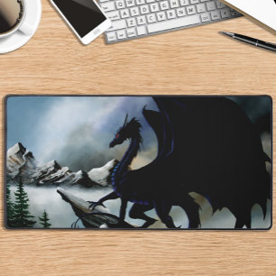 Majestic Dark Dragon Black Fantasy Mountains Desk Mat