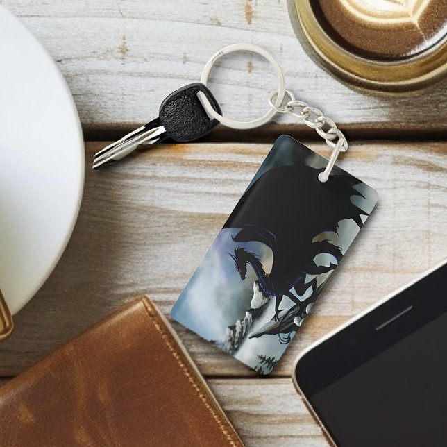 Majestic Dark Dragon Black Fantasy Mountains  Keychain (Creator Uploaded)