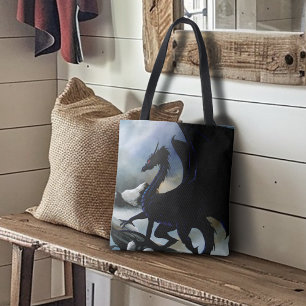 Majestic Dark Dragon Black Fantasy Mountains Tote Bag