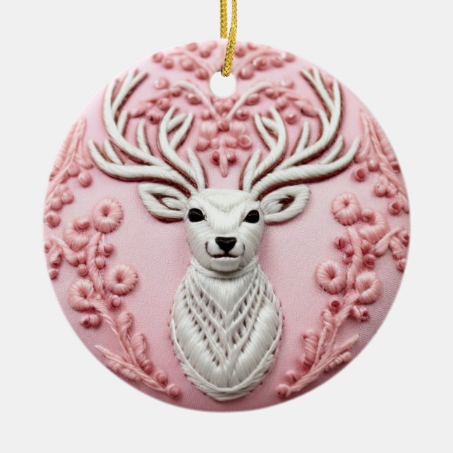 Majestic Deer Embroidery Ceramic Ornament (Front)