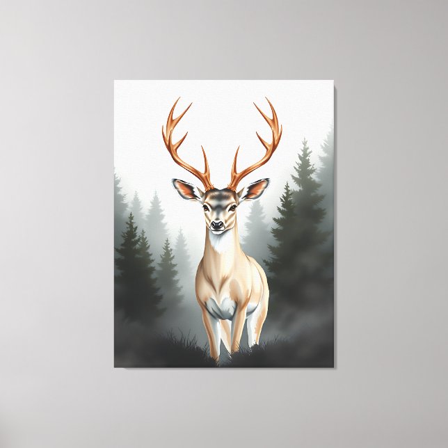 Majestic Deer in Misty Forest – Tranquil Wildlife  Canvas Print (Front)