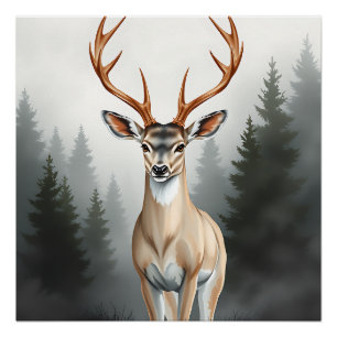Majestic Deer in Misty Forest – Tranquil Wildlife  Poster