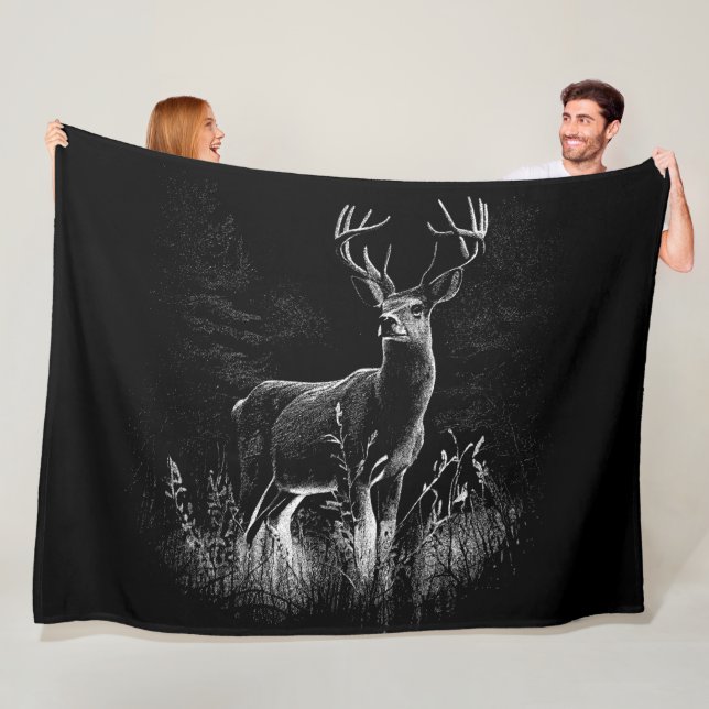 Majestic Deer in the Wilderness – Black&White Art Fleece Blanket (In Situ)