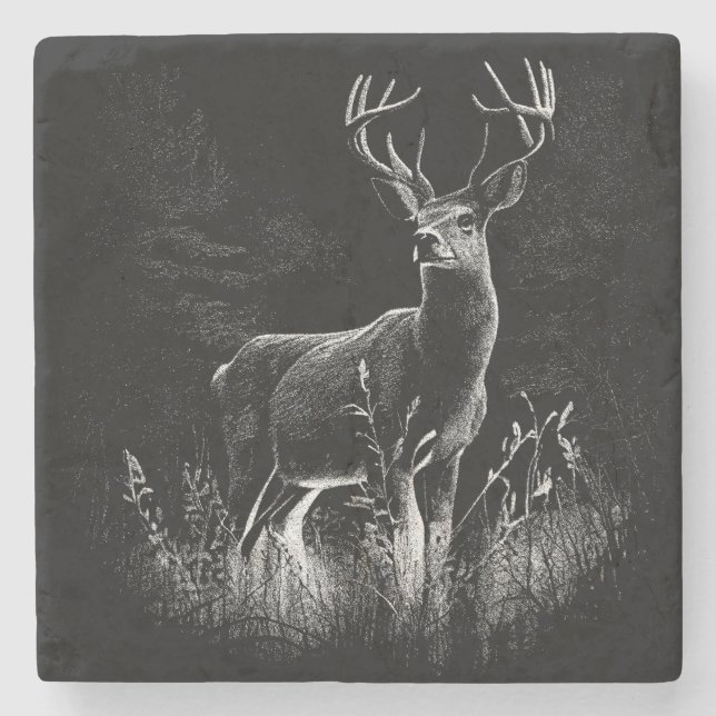 Majestic Deer in the Wilderness – Black&White Art Stone Coaster (Front)