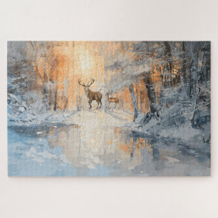 Majestic Deer in Winter Forest Art Jigsaw Puzzle