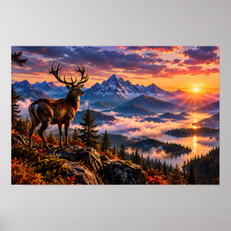 Majestic Deer Standing on a Mountain at Sunset Poster