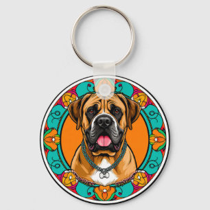 Majestic Dog Portrait in Vibrant Floral Mandala Keychain