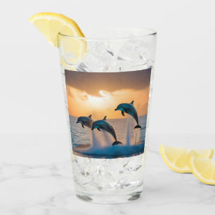 Majestic Dolphins Leaping At Sunset, Glass