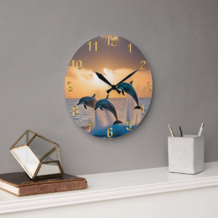 Majestic Dolphins Leaping At Sunset, Large Clock