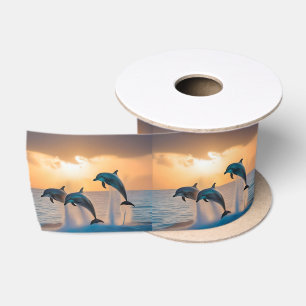Majestic Dolphins Leaping At Sunset, Satin Ribbon