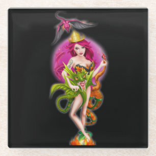 Majestic Dragon Princess Queen Fire Flying Glass Coaster