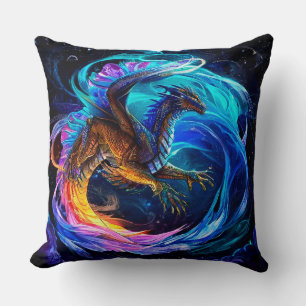 Majestic Dragon Soars Amid Vibrant Swirls Throw Pillow