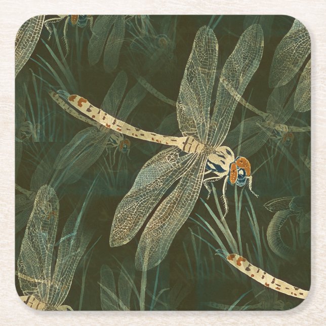 Majestic Dragonfly Pattern  Square Paper Coaster (Front)