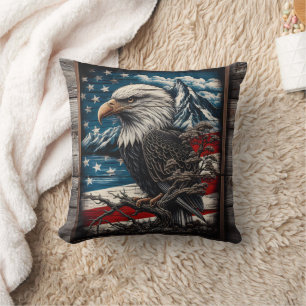Majestic Eagle Against American Flag Background Throw Pillow
