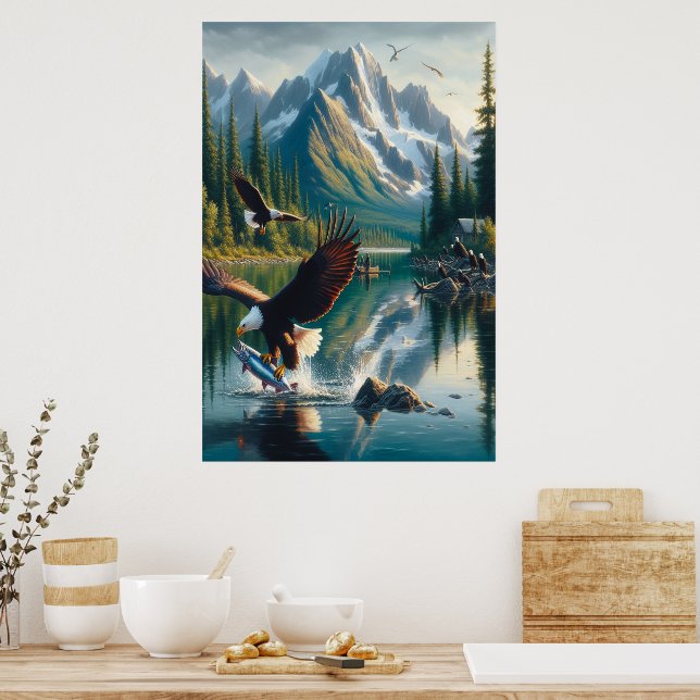 Majestic Eagle Capturing Fish at Sunrise  Poster (Kitchen)