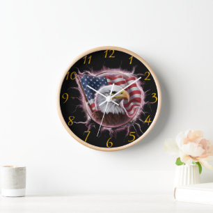 Majestic Eagle Embracing Stars and Stripes Clock