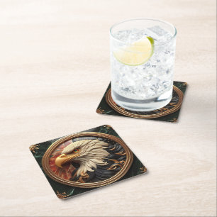 Majestic Eagle in Gleaming Gold Frame Square Paper Coaster