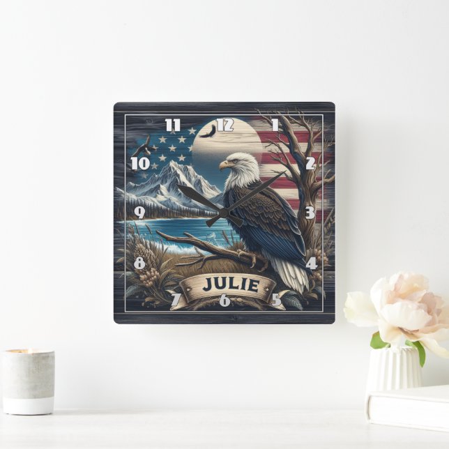 Majestic Eagle Near Mountains and American Flag Square Wall Clock (Home)
