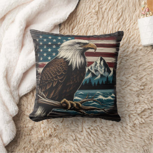 Majestic Eagle on Branch With American Theme Throw Pillow