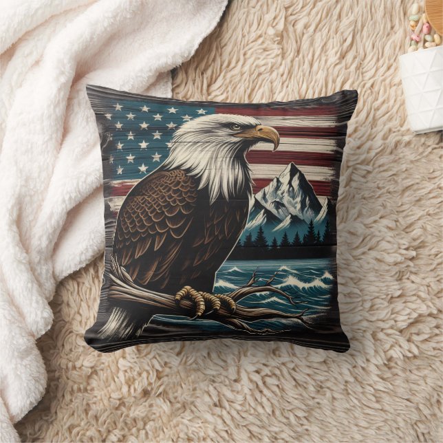Majestic Eagle on Branch With American Theme Throw Pillow (Blanket)