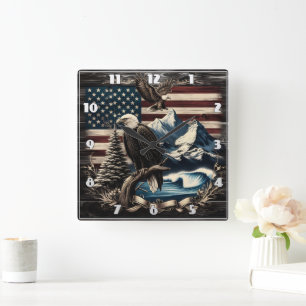 Majestic Eagle Over American Landscape at Dusk Square Wall Clock