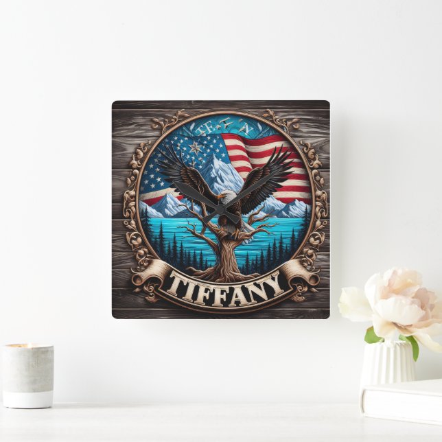 Majestic Eagle Over Mountains and American Flag Square Wall Clock (Home)